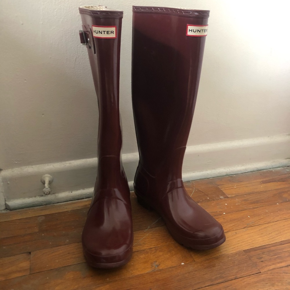 Glossy maroon tall hunter rainboots